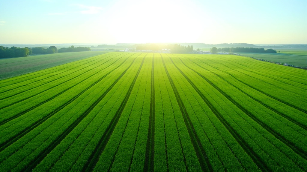 Dronų nuotrauka iš oro rodanti didelį lauką žalias žemės plotus ir irrigation sistemą, užfiksuota naudojant 5G telemetrija