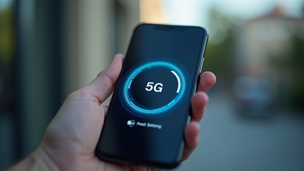 Išmanus telefonas su 5G ženklu ekrane, rodantis aukštą duomenų perdavimo greitį