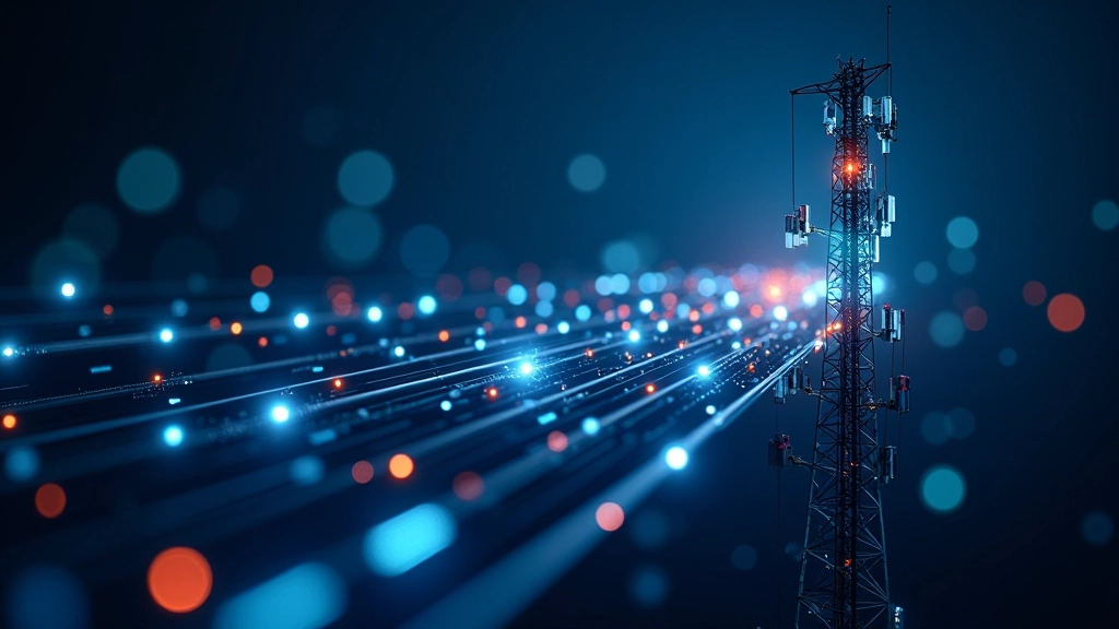 Aukšto greičio duomenų perdavimas per 5G tinklą, rodantis greitą ryšį ir duomenų srautus