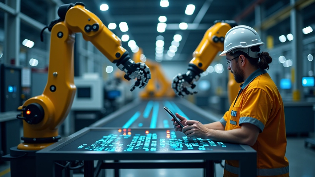 Gamyklos linija su robotika, kurie valdomi per 5G IoT sistemą, modernūs kontrolės paneliai ir monitoriai