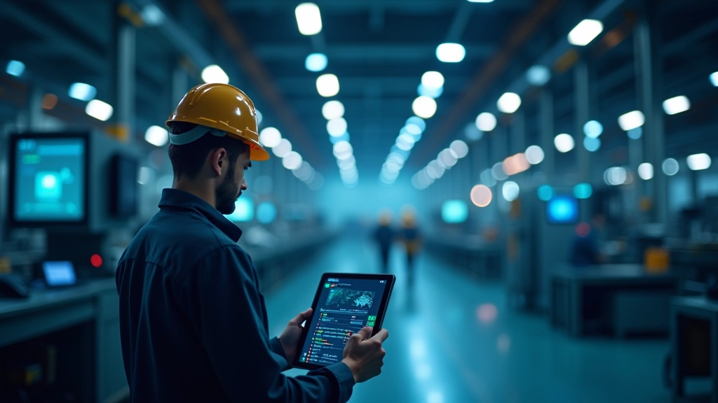 Išmanioji gamykla su tūkstančiais sensorių, rodančiais duomenis realiu laiku per 5G tinklą, modernios kontrolės sistemos ekranai