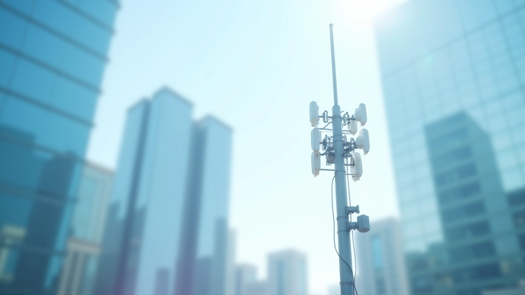 5G bazinės stoties antena moderniame miesto fone