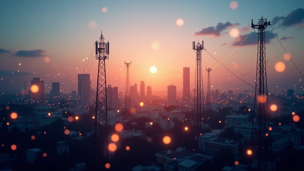 Moderni telekomunikacijų infrastruktūra su 5G bokštais ir šviečiančiais tinklais miesto peizažo fone