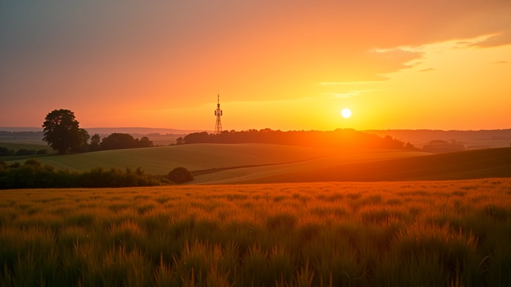 Saulėlydis žemės ūkyje su dideliu laku ir modernia 5G bokšto infrastruktūra horizonte, simbolizuojantis ateities ūkininkavimą